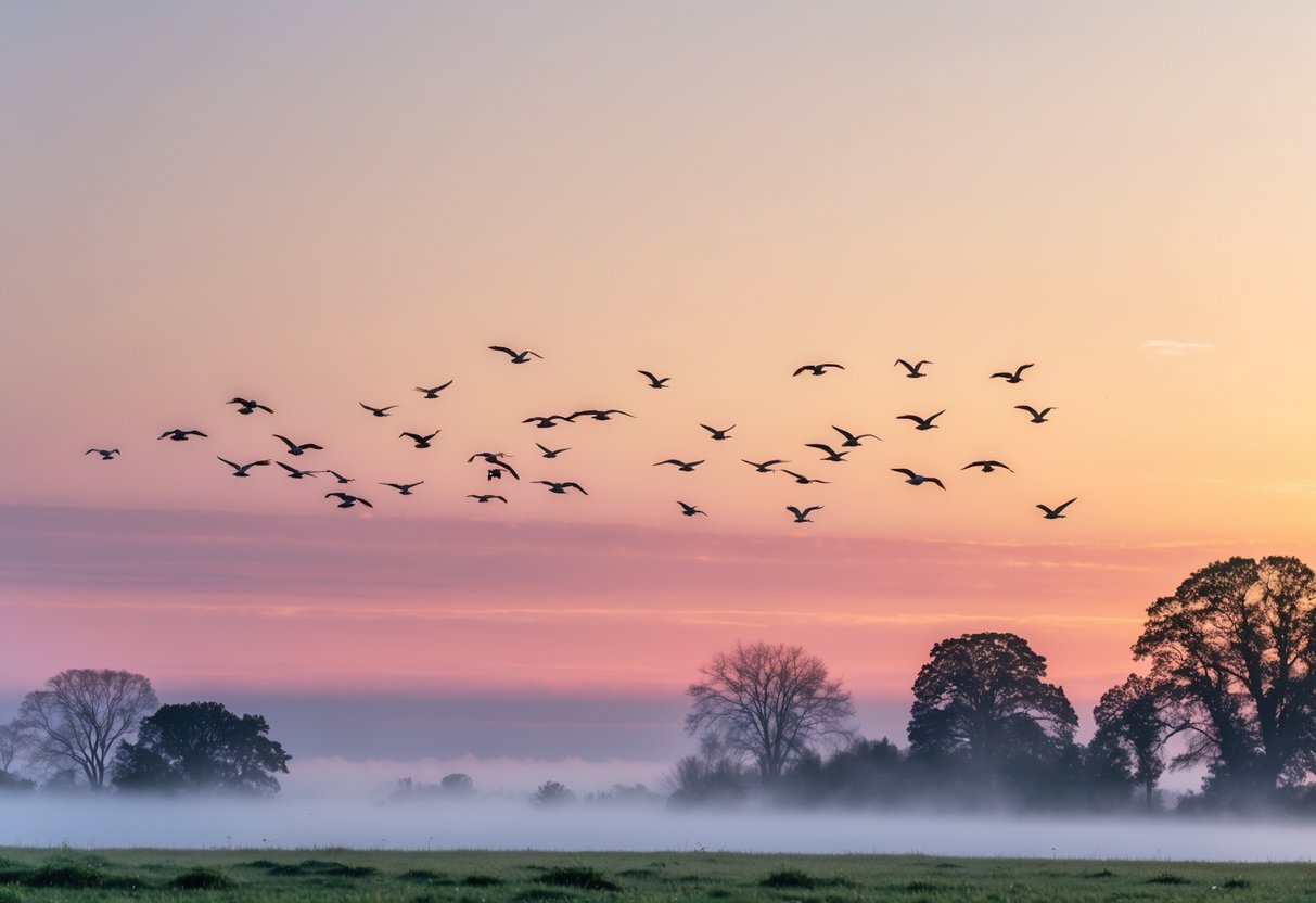 A flock of birds flying across a colorful sunrise sky over a misty natural landscape.