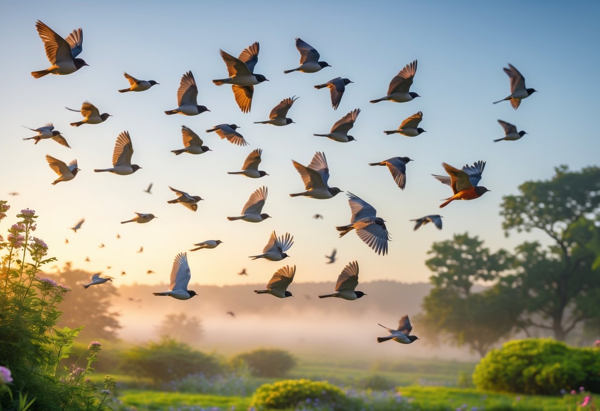 A group of birds flying actively over green trees and plants during early morning with soft sunlight.