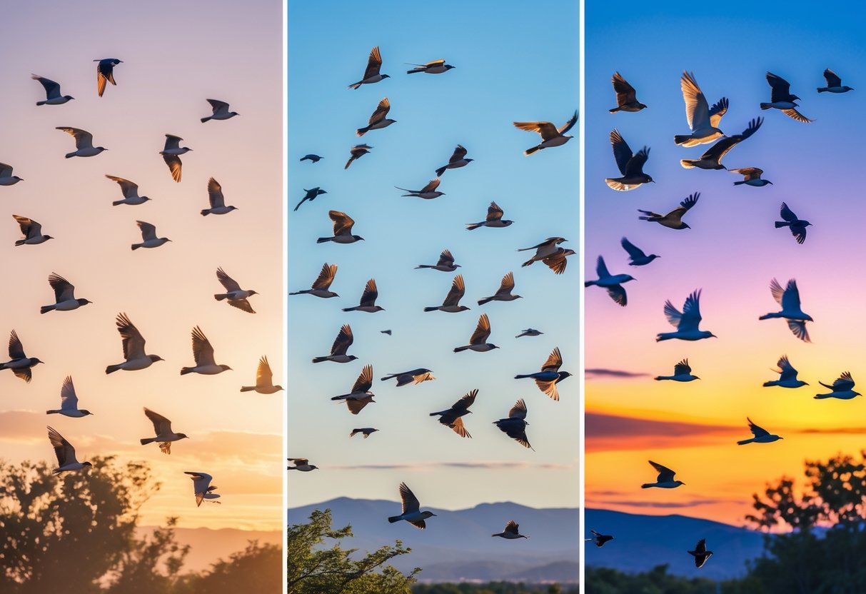 Multiple birds flying in different parts of the sky showing morning, midday, and evening times with varied lighting and colors.