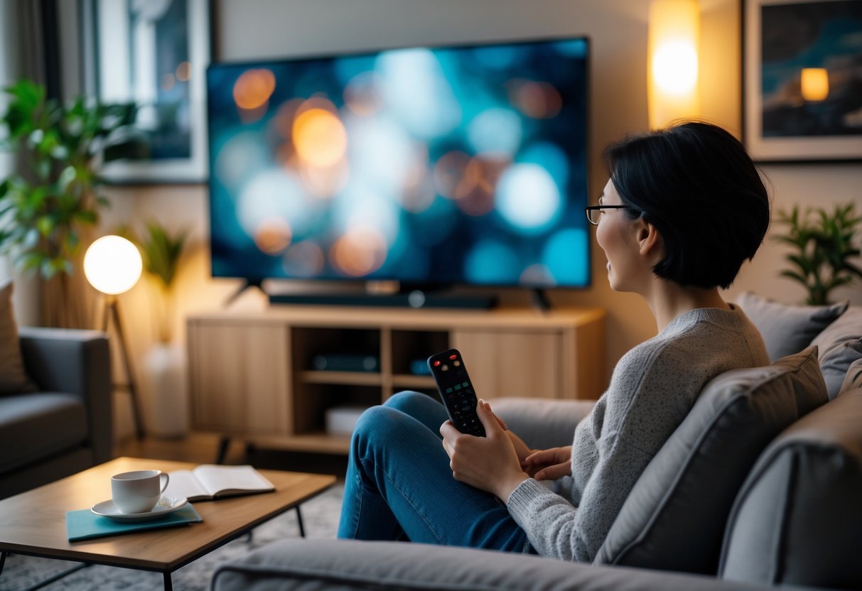 Person sitting on a sofa in a living room, watching television and holding a remote control.
