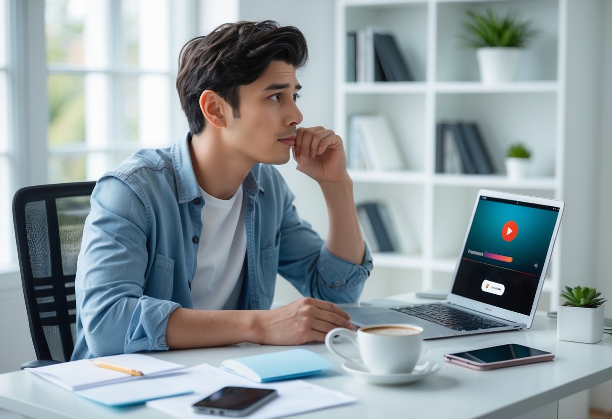 A young adult sitting at a desk looking thoughtfully at a laptop screen in a bright home office.