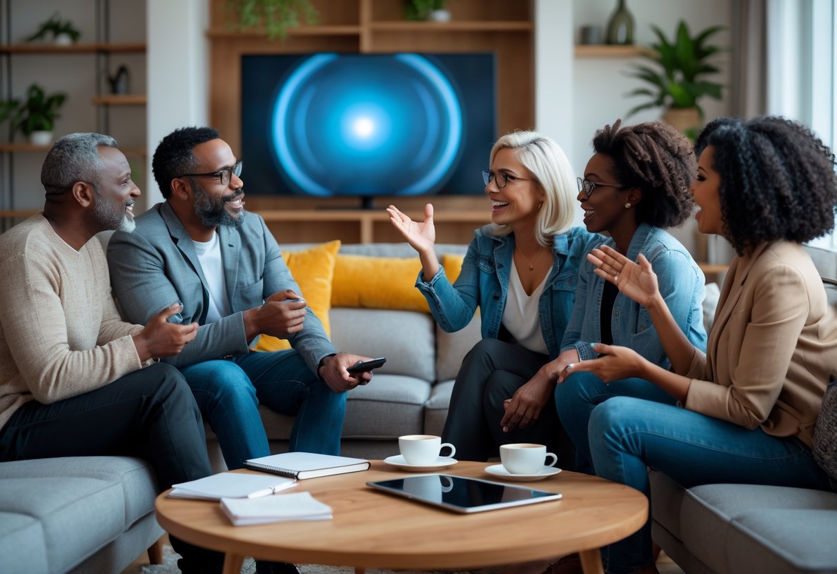 Four adults sitting in a living room, engaged in a thoughtful discussion while watching television.