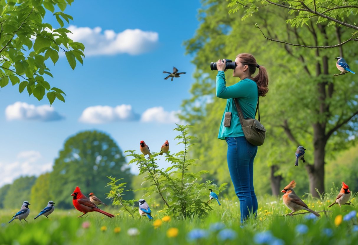 A person using binoculars to watch colorful birds perched on tree branches in a sunny green park with a blue sky and scattered clouds.