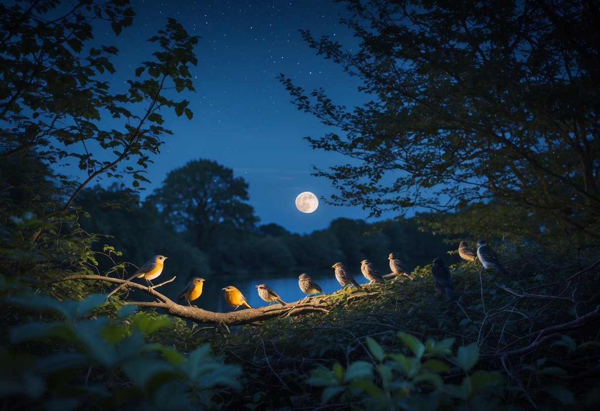 Nighttime woodland scene in the UK with various birds perched quietly on tree branches under a starry sky and full moon.