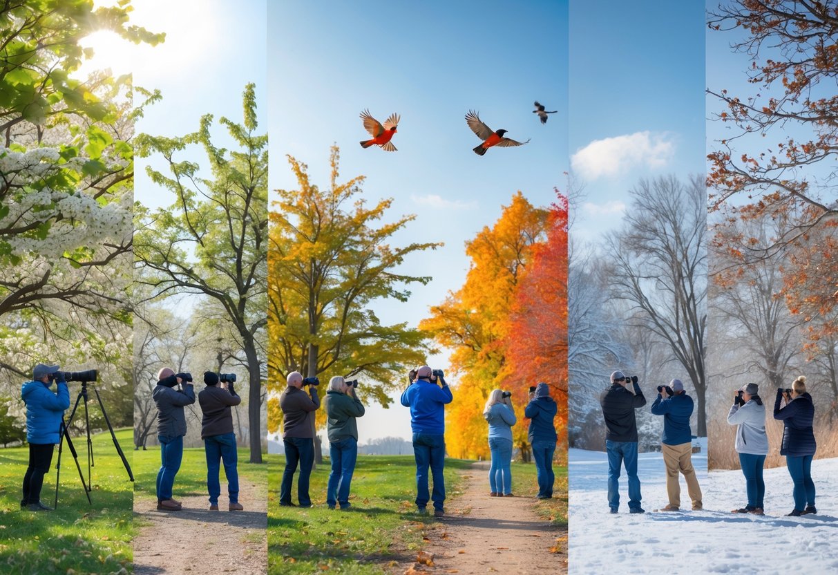 People bird watching in a natural setting showing different seasons with various birds perched on trees and flying.