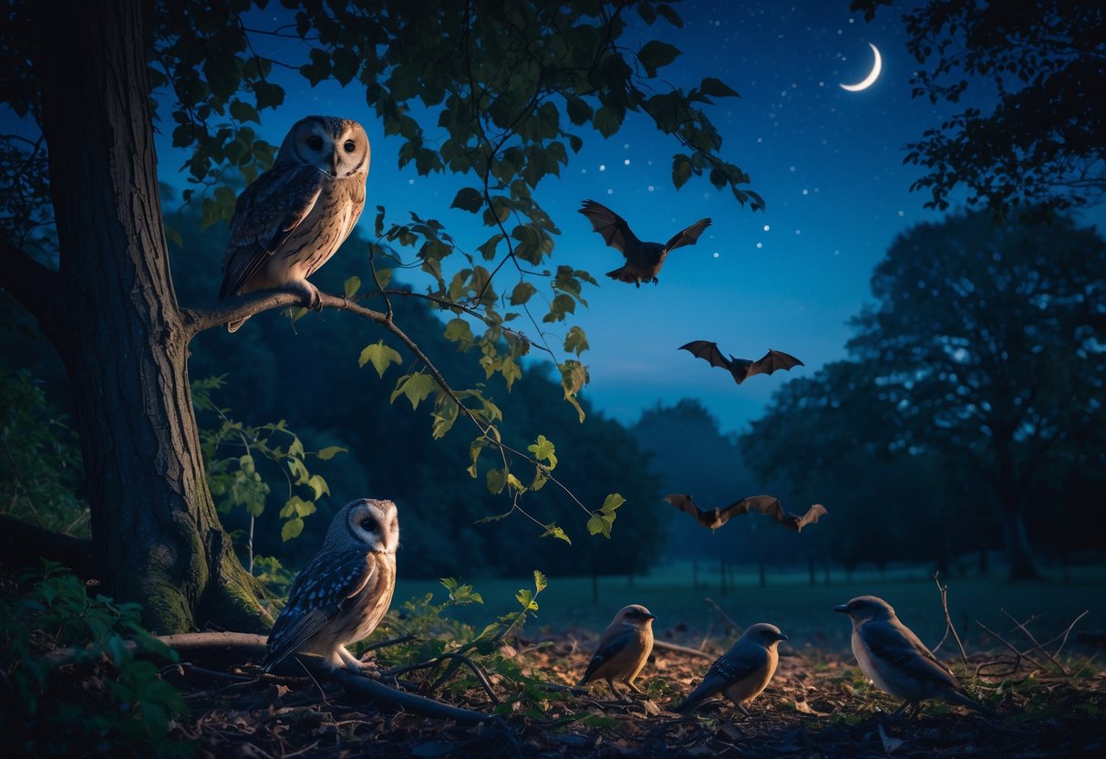 A nighttime woodland scene showing UK birds like an owl perched on a tree and bats flying under a starry sky.