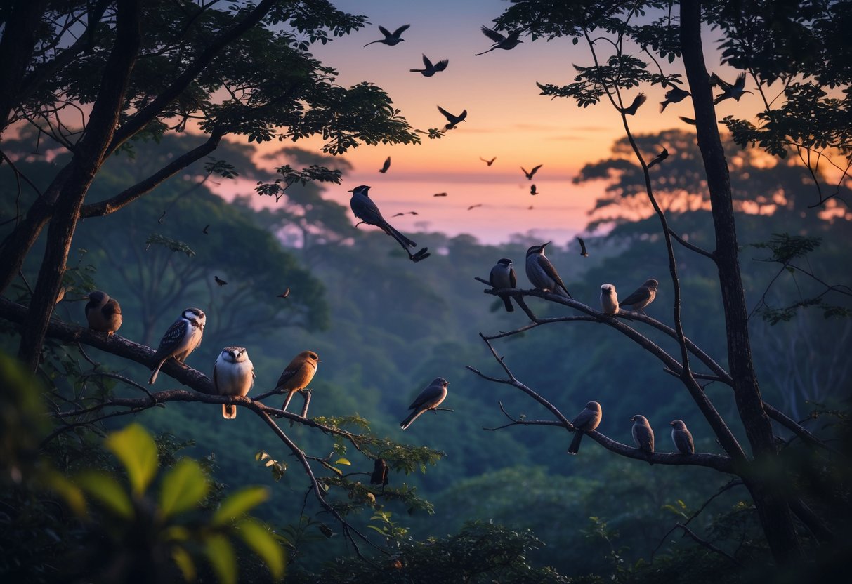 Birds perched quietly on tree branches at sunset in a forest as they prepare to sleep.