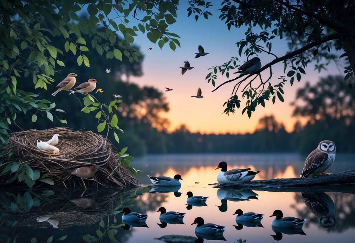 Several birds sleeping in their natural habitats at twilight, including songbirds in tree branches, ducks on a lake, and an owl perched on a branch.