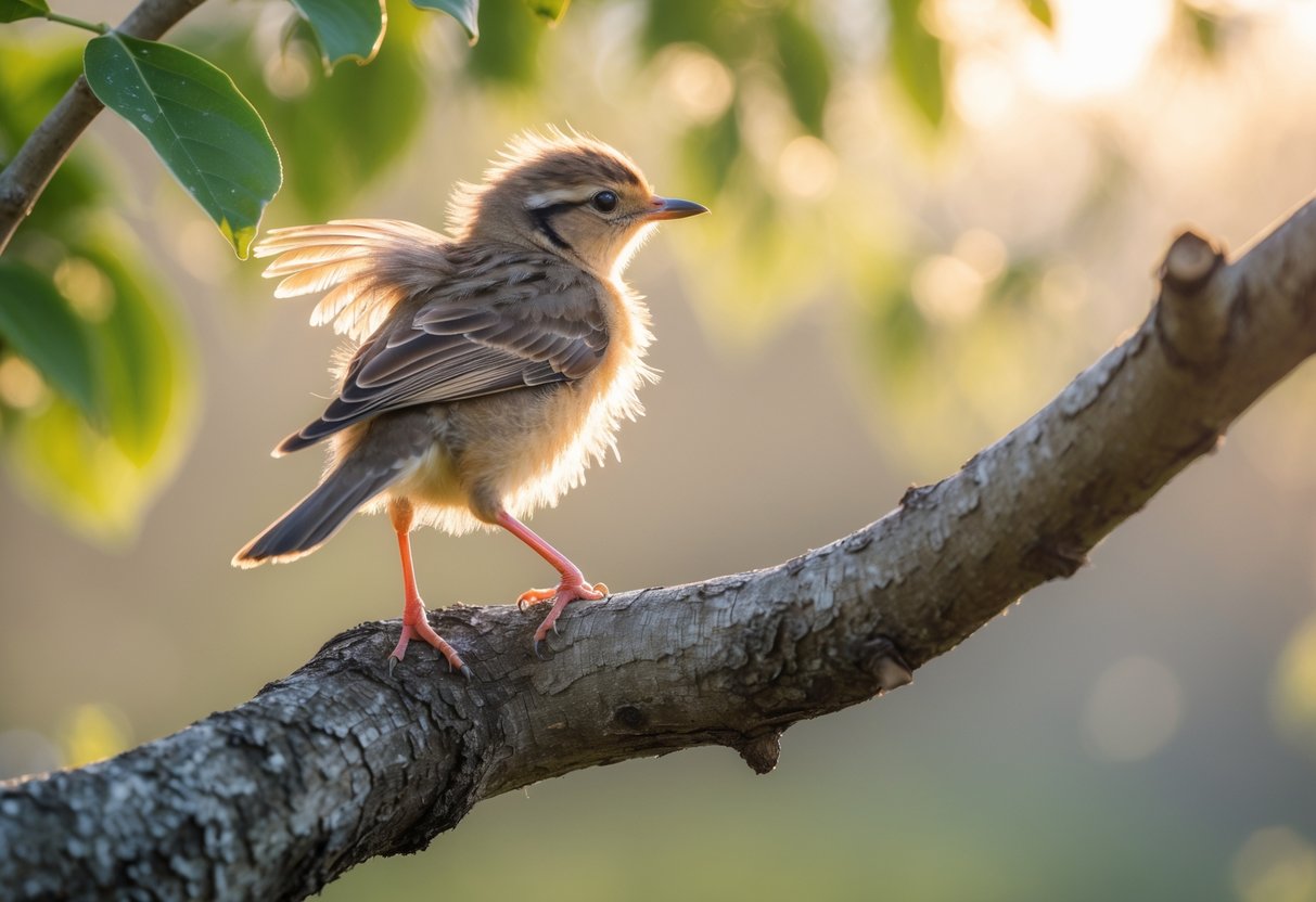 A young bird perched on a tree branch with wings partially spread, looking ready to fly.