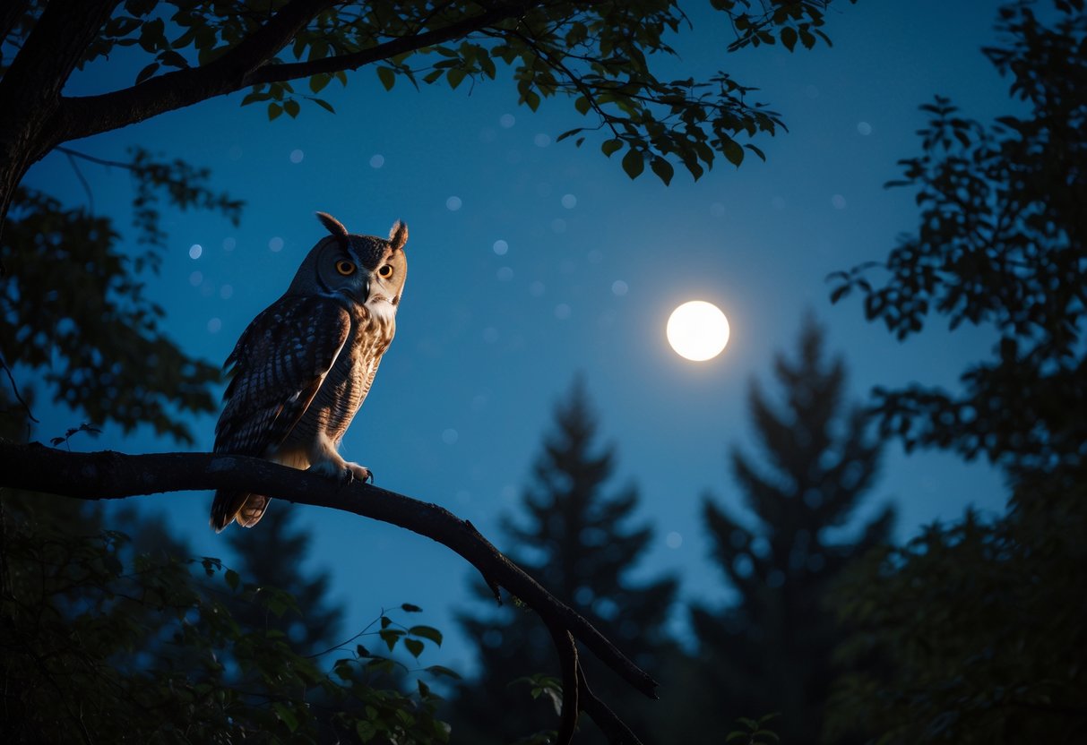 An owl perched on a tree branch at night, looking intently into the dark forest under a starry sky.
