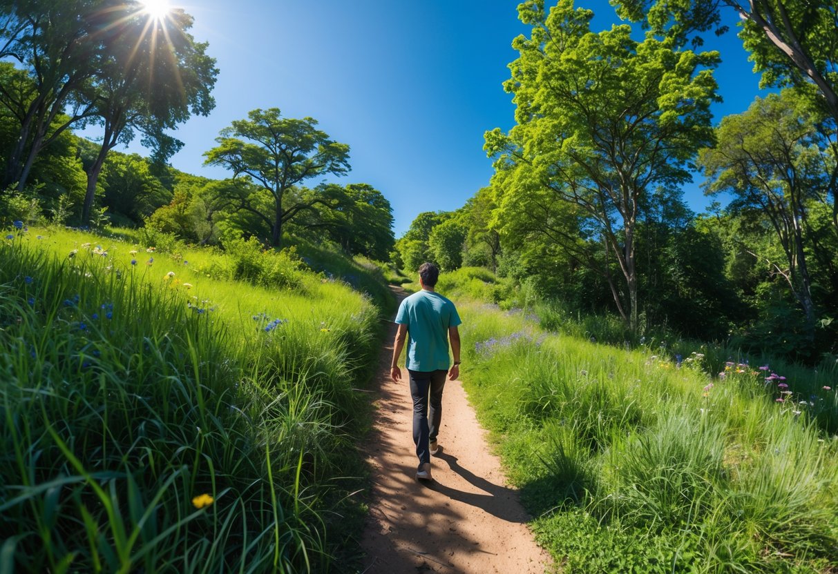 View from above showing a person walking on a dirt path surrounded by grass and trees.
