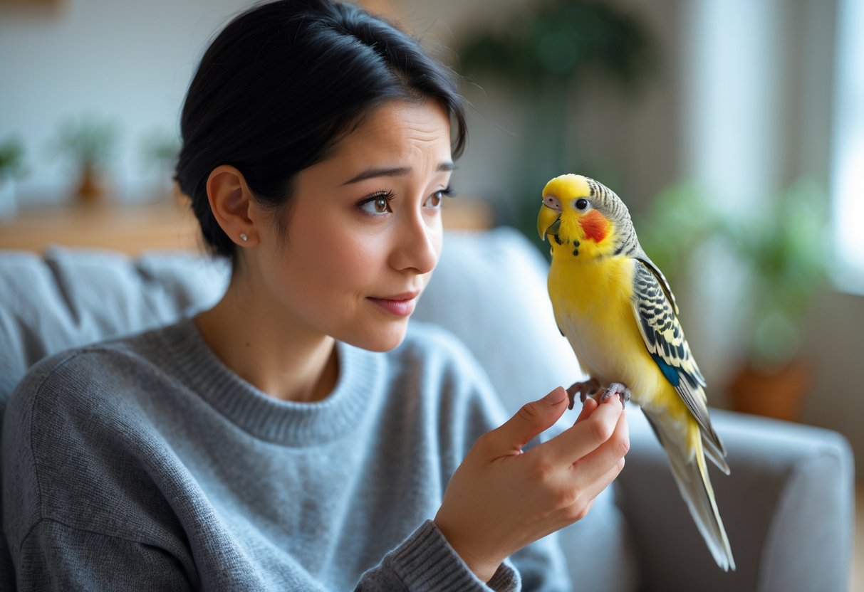 A person sitting indoors with a small colorful bird staring intently at them.