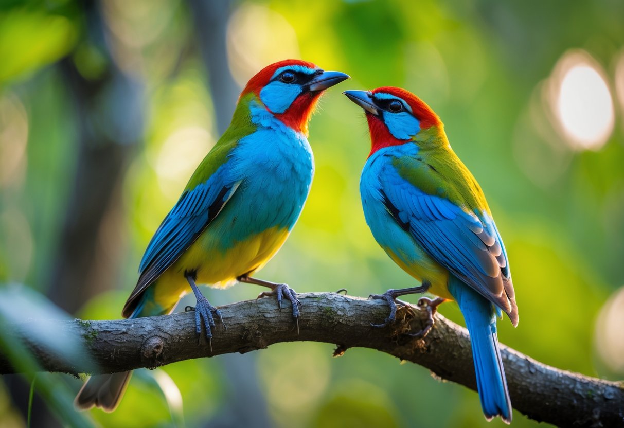 Two colorful birds perched on a branch appearing to communicate in a green forest.