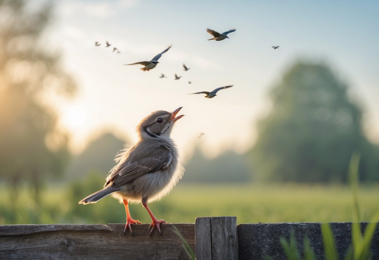 A small bird standing on a wooden fence looking up at birds flying in the sky over a green natural landscape.