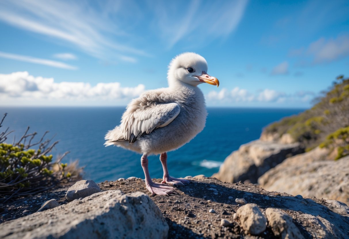 A young albatross chick standing on a rocky coastal cliff near the ocean, preparing to fly.
