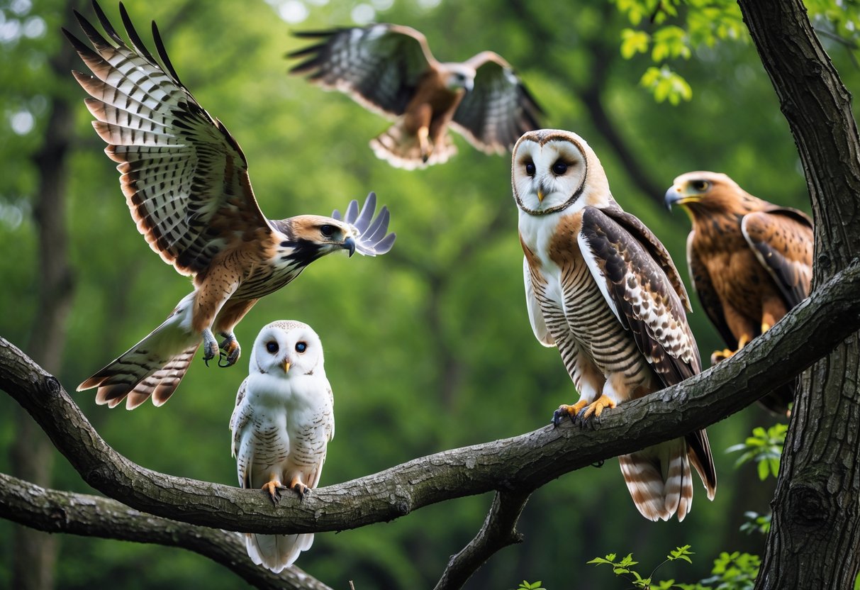 Several protected UK birds including a red kite, barn owl, and golden eagles perched in a green forest.