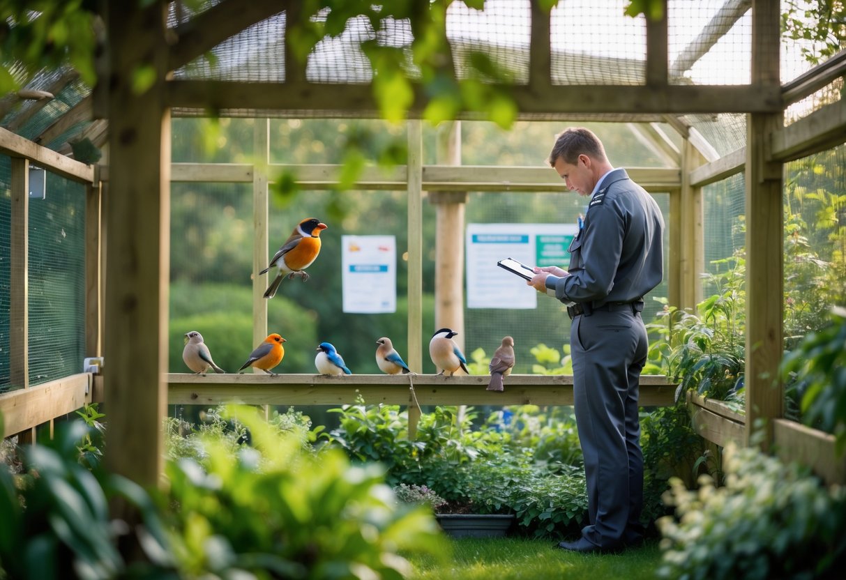A person inspecting a wooden bird aviary with various UK birds perched inside, surrounded by greenery in a garden.