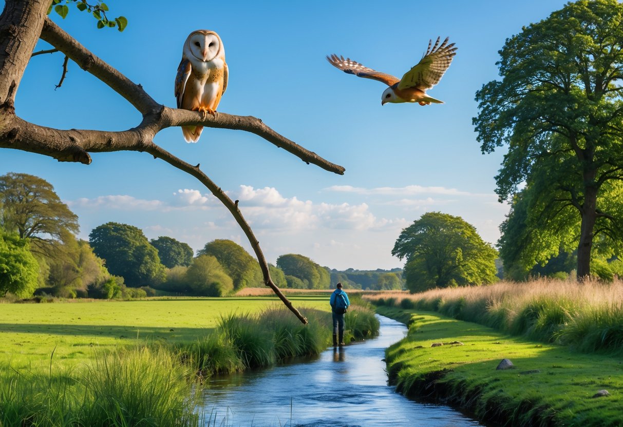 Various UK licensed bird species including a barn owl, red kite, and kingfisher in a natural countryside setting with green fields and blue sky.