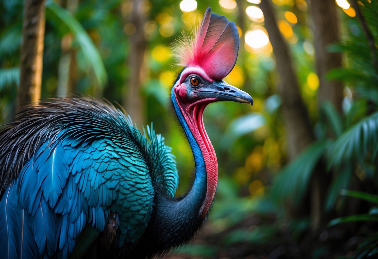A cassowary bird standing in a dense tropical rainforest with bright blue and black feathers and a prominent casque on its head.