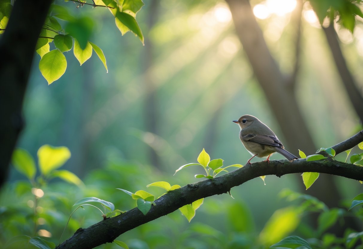 A small bird sitting quietly on a tree branch surrounded by green leaves in a forest.