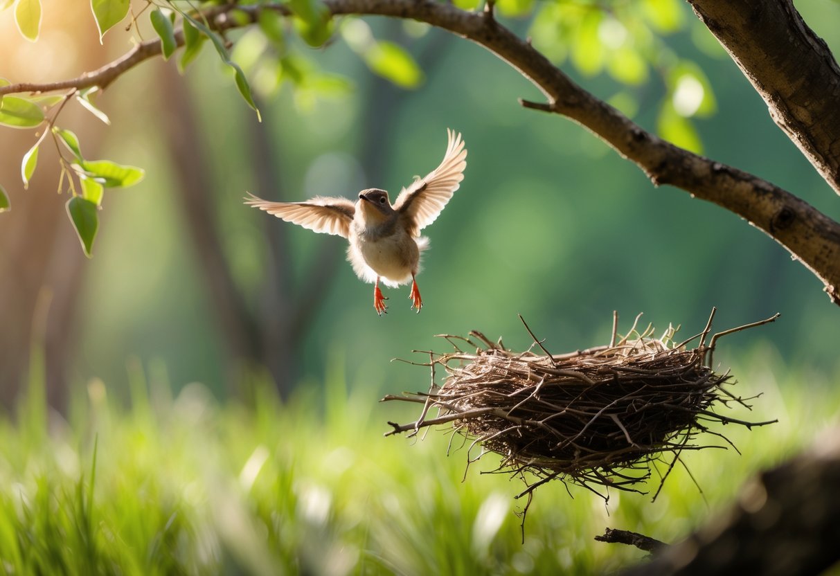 A young bird spreading its wings above a nest on a tree branch in a forest setting.