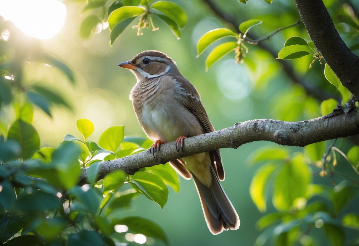 A bird perched on a tree branch surrounded by green leaves, looking relaxed and alert.