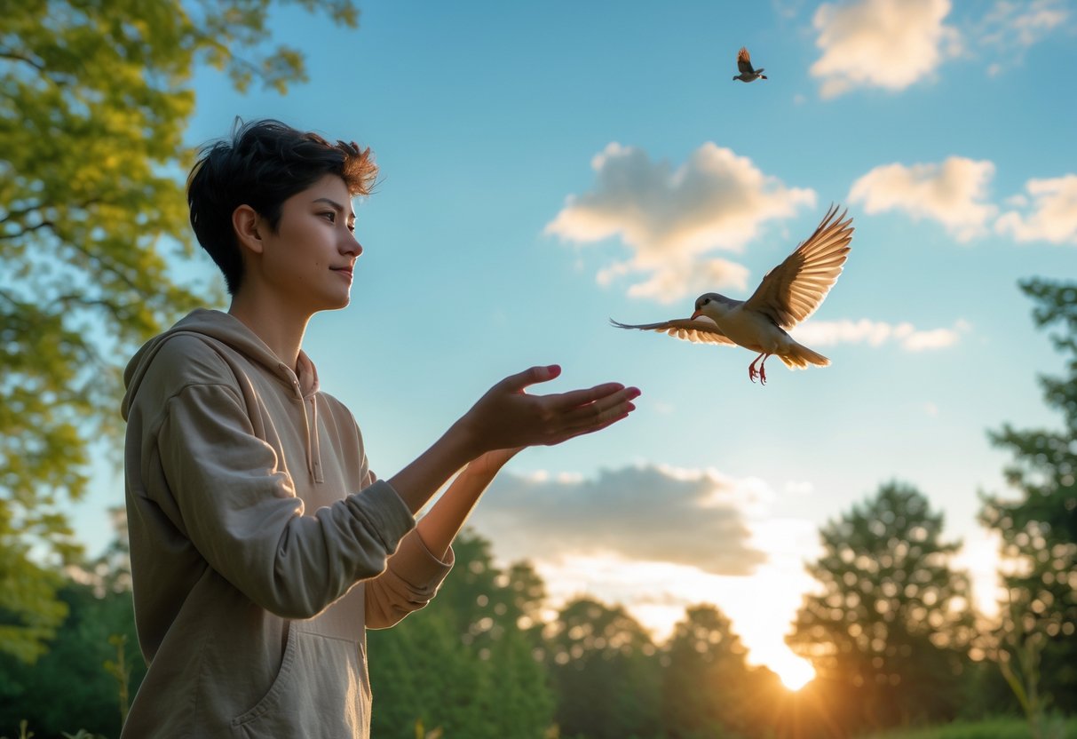 A person releasing a small bird into the sky at dawn in a peaceful outdoor setting.