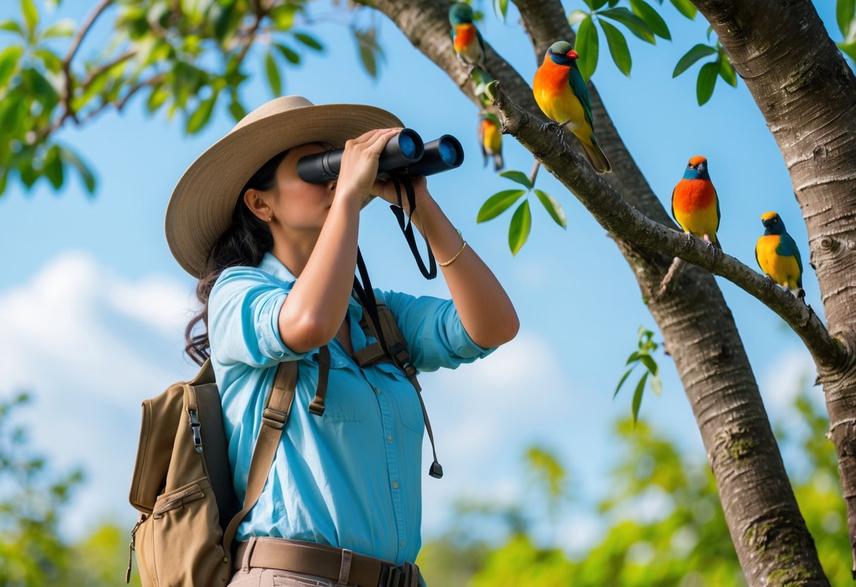 A person using binoculars to watch colorful birds perched on a tree in a green outdoor setting.