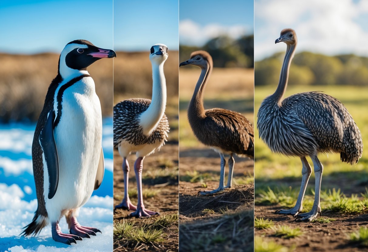 Four flightless birds standing side by side in their natural environments: a penguin on ice, an ostrich on grass, a kiwi among leaves, and a rhea on open grassland.