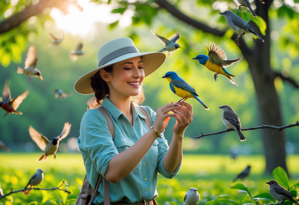 A person outdoors holding a small colorful bird on their finger surrounded by birds and green trees.