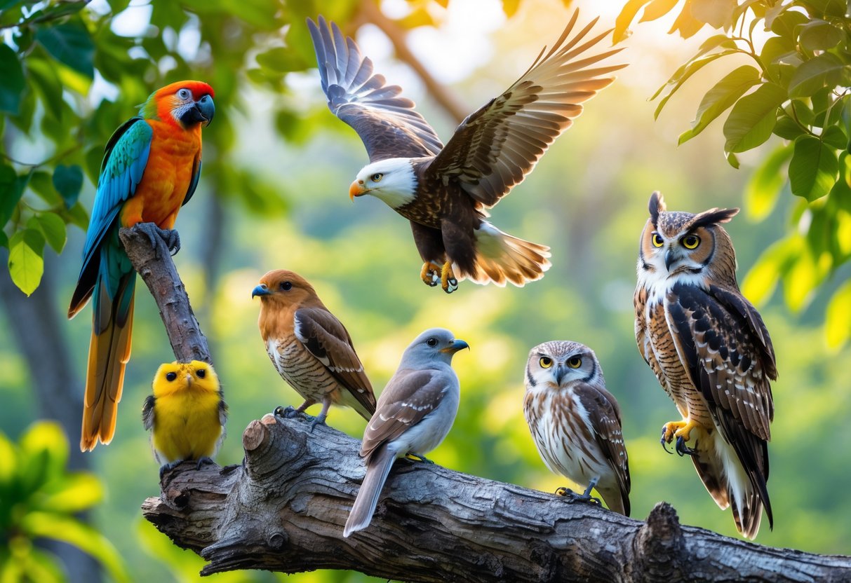 Various bird species including a parrot, songbird, eagle, and owl perched and flying in a sunlit forest.