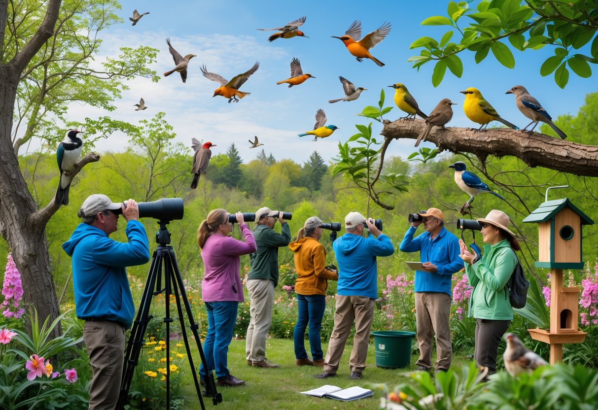 A group of people birdwatching and observing birds in a green forest, using binoculars and cameras, with bird feeders and birdhouses nearby.