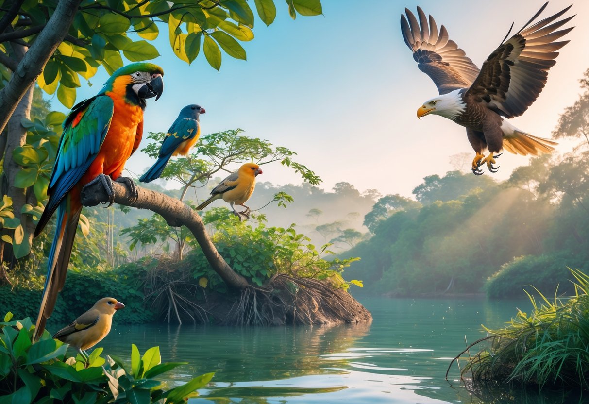 Various bird species in natural settings including a parrot on a branch, a songbird in foliage, and an eagle flying against a blue sky.