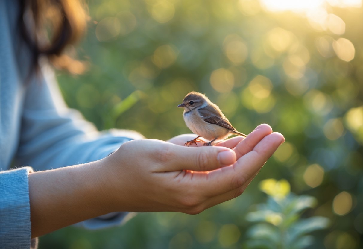 Close-up of hands gently holding a small bird outdoors with green foliage in the background.