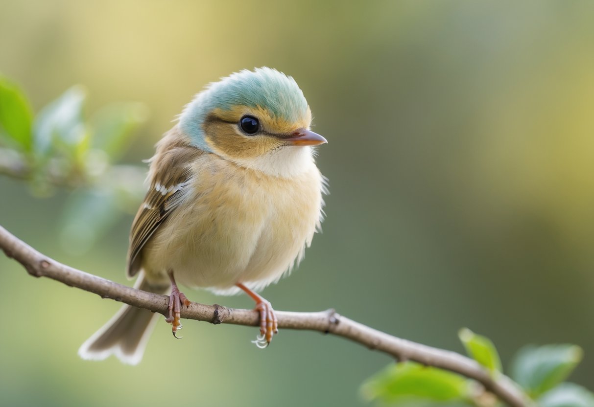 A small, colorful bird with fluffy feathers perched on a branch against a blurred green background.