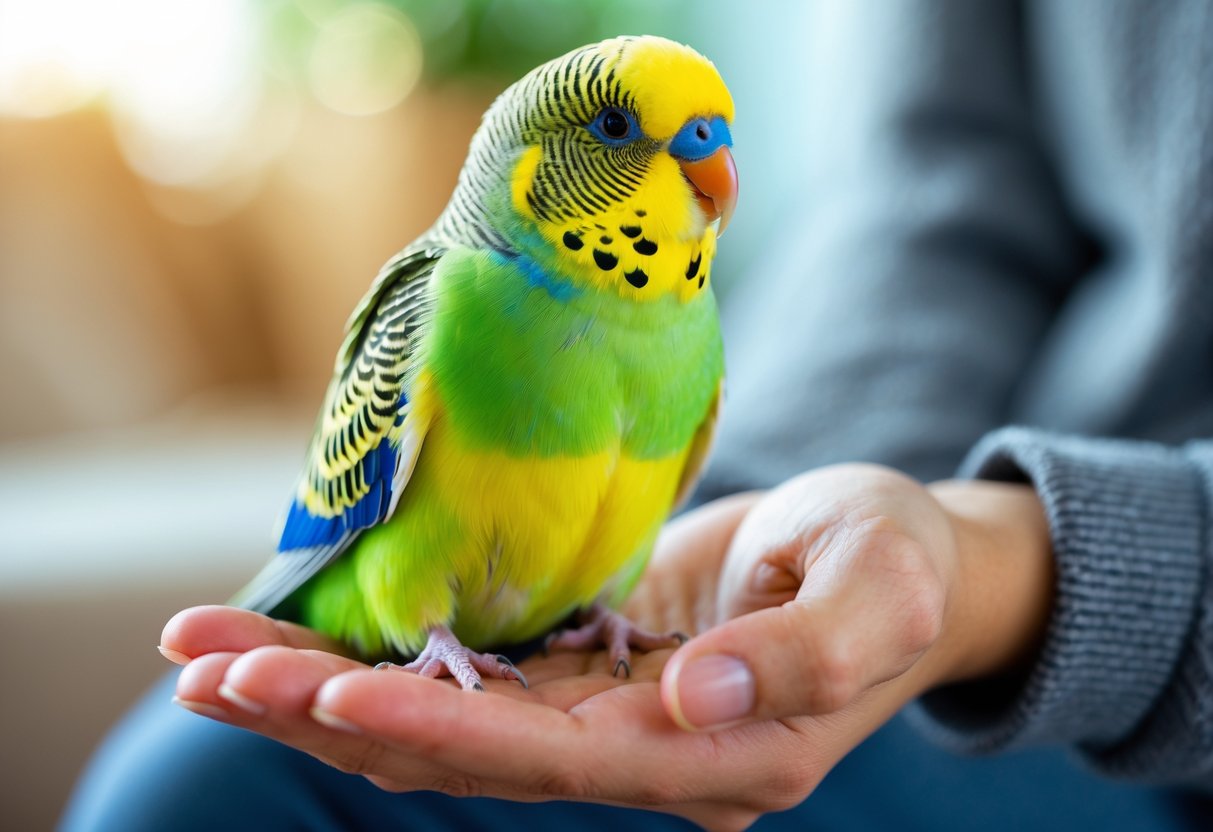 A colorful budgerigar perched calmly on a person's hand indoors.