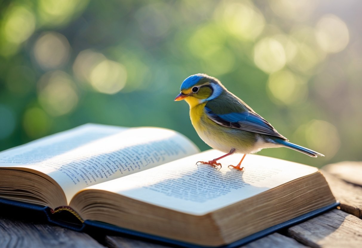 An open book on a wooden table with a small colorful bird perched on its edge in an outdoor setting.