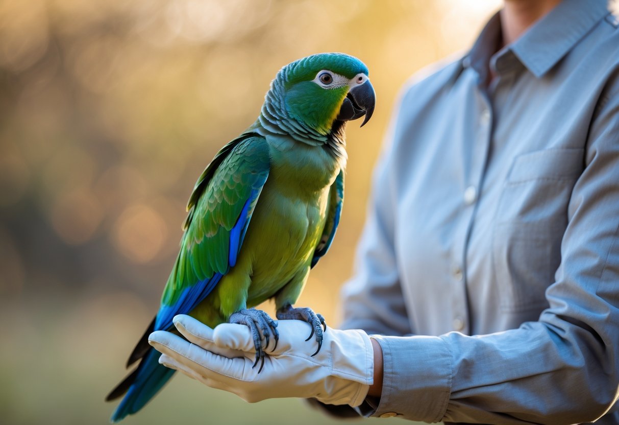 A person holding a calm, colorful parrot perched on their gloved hand against a natural background.