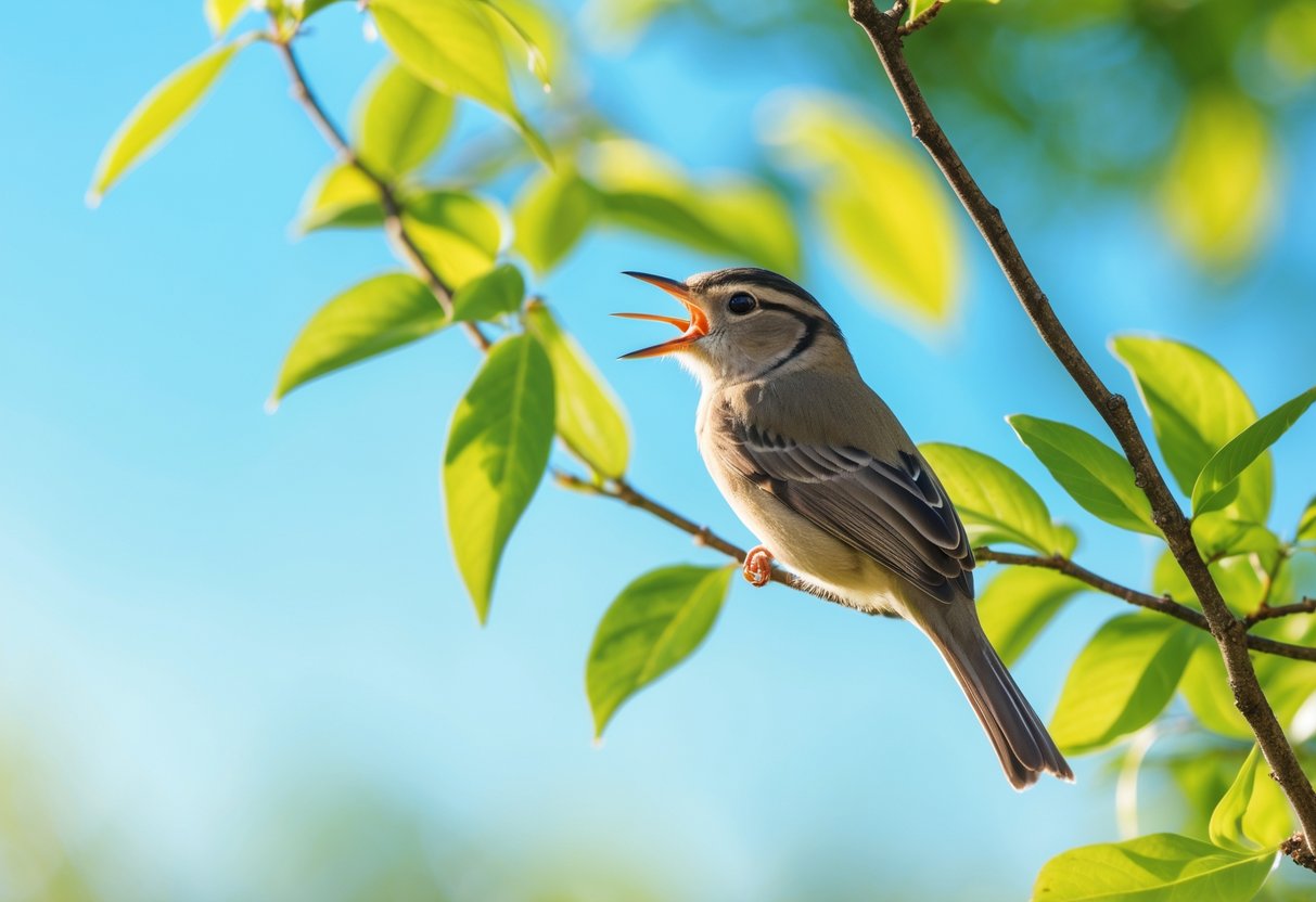 A small bird singing while perched on a tree branch with green leaves and a blue sky background.