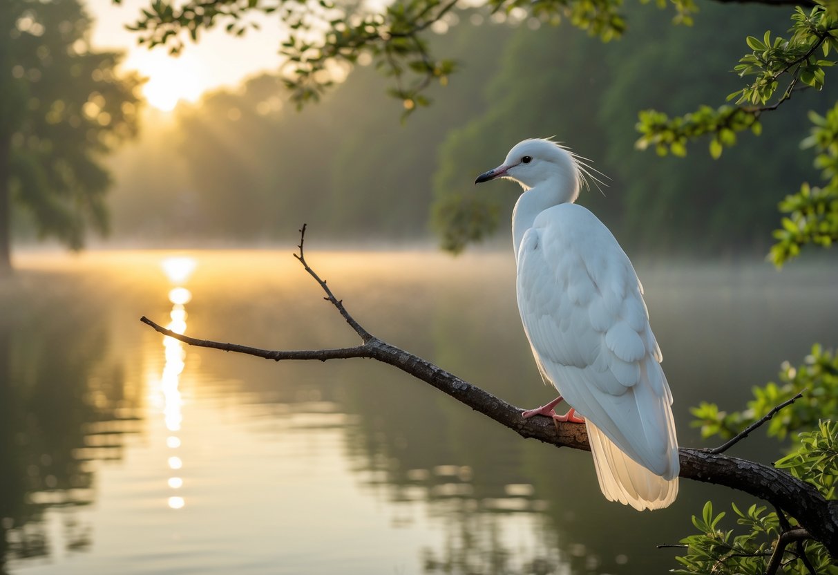 A white bird perched on a branch overlooking a calm lake at sunrise with trees in the background.