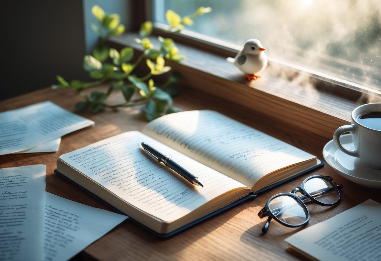 A cozy writing desk by a window with an open notebook, pen, small bird on the windowsill, coffee cup, and reading glasses.