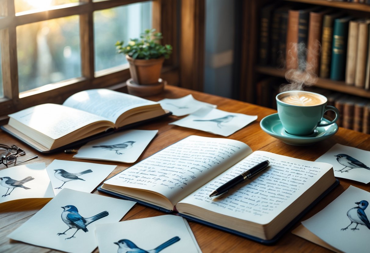 A cozy writer's desk by a window with an open notebook, sketches of birds, a cup of coffee, and a bookshelf in the background.