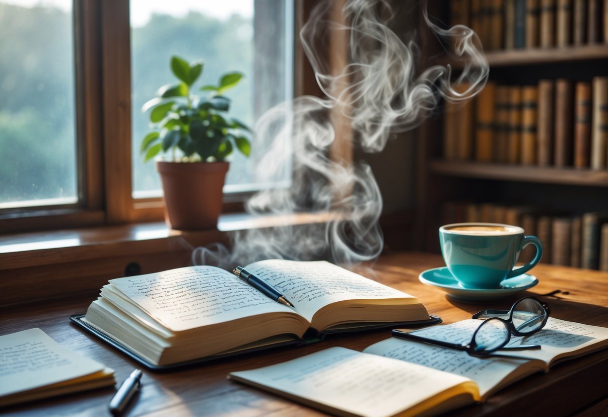 A wooden desk by a window with an open notebook, pen, coffee cup, reading glasses, and a bookshelf in the background.