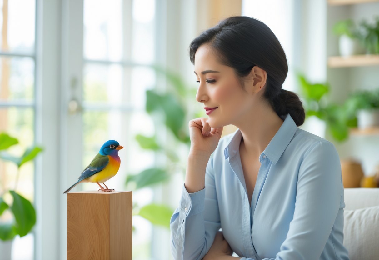 A person thoughtfully watching a small colorful bird perched on a wooden stand inside a bright living room.