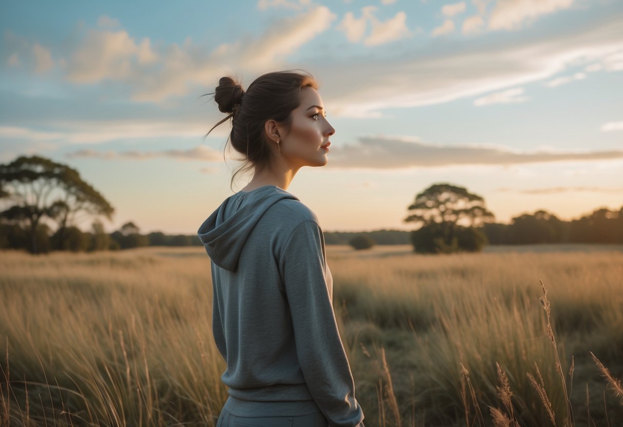 A young woman standing alone in an open natural landscape at dawn, looking thoughtfully into the distance surrounded by tall grasses and trees.