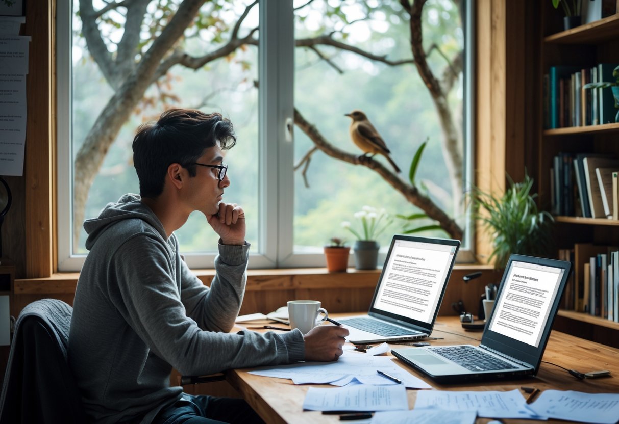 A person sitting at a desk with a laptop and notes, looking thoughtfully at a wild bird perched outside a window.