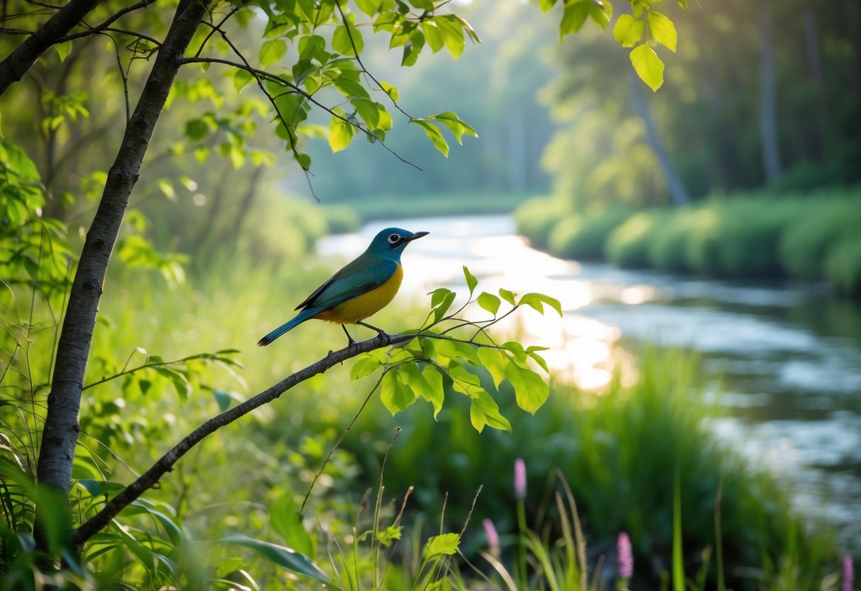 A wild bird perched on a tree branch surrounded by green leaves near a calm river flowing through a forest.