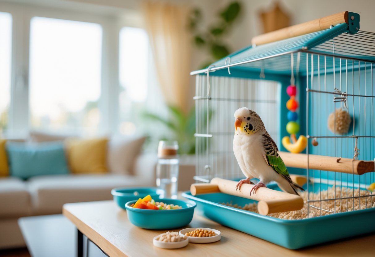 A small parrot perched calmly inside a clean cage with toys and food in a bright, peaceful living room.