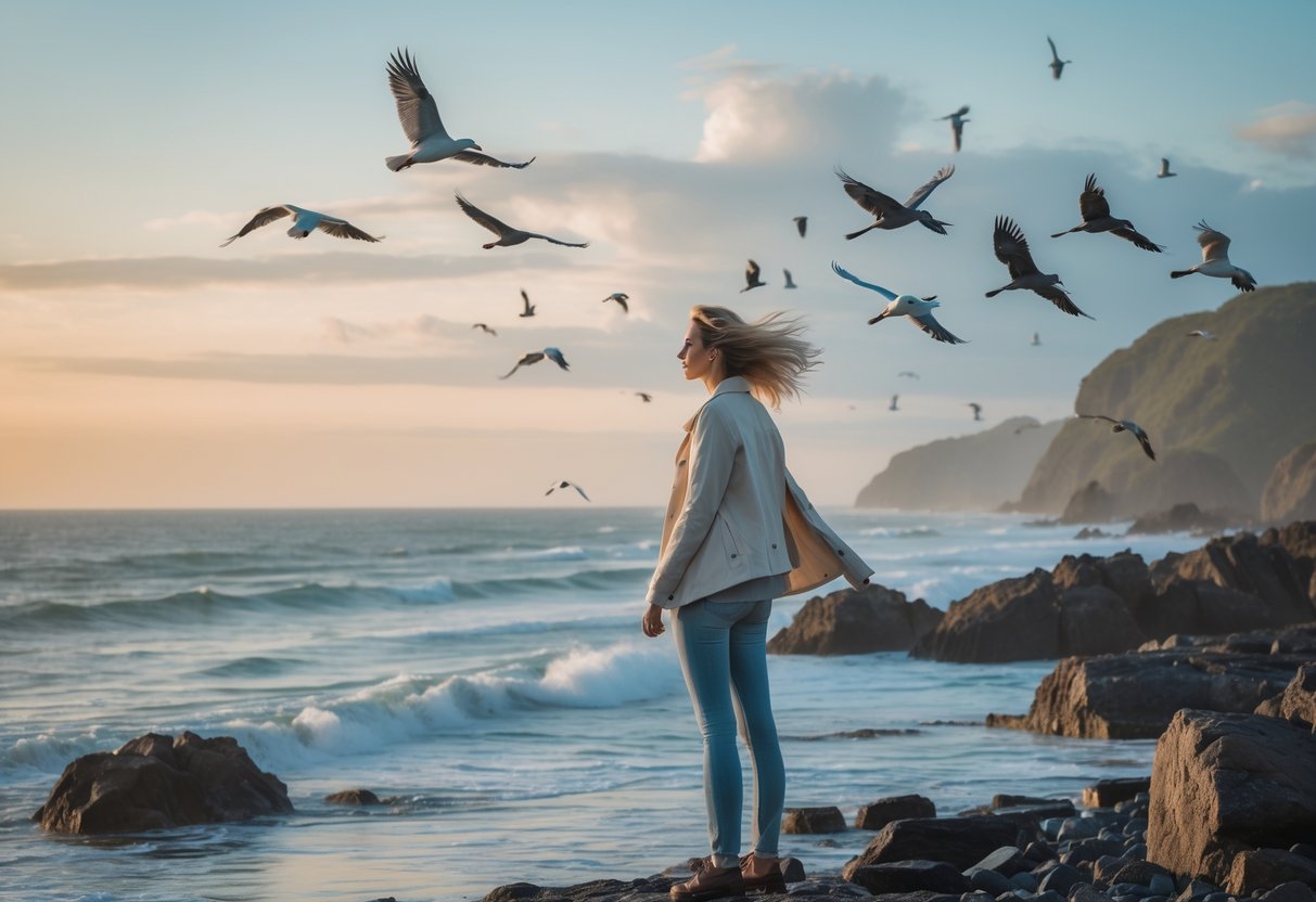 A young woman stands on a rocky shore at sunrise, looking toward the sea with birds flying overhead.