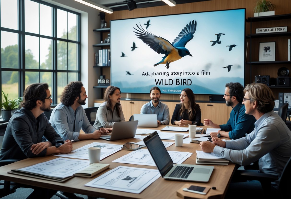A group of filmmakers and writers collaborating around a table with storyboards and laptops in a bright office.